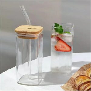 Transparent glass cup with bamboo holed lid