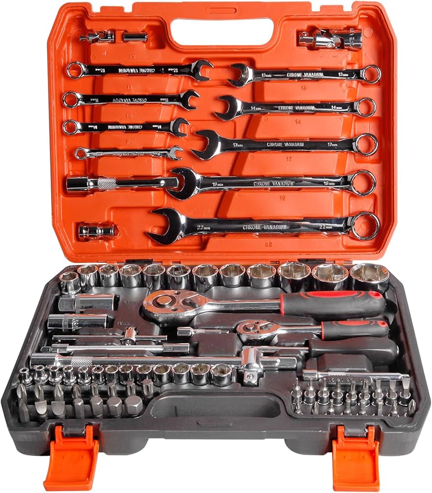 82 Pieces of Household Car Repair Box Hand Tool Kit 1/4" & 1/2" Dr Socket and Spanner Wrench Set